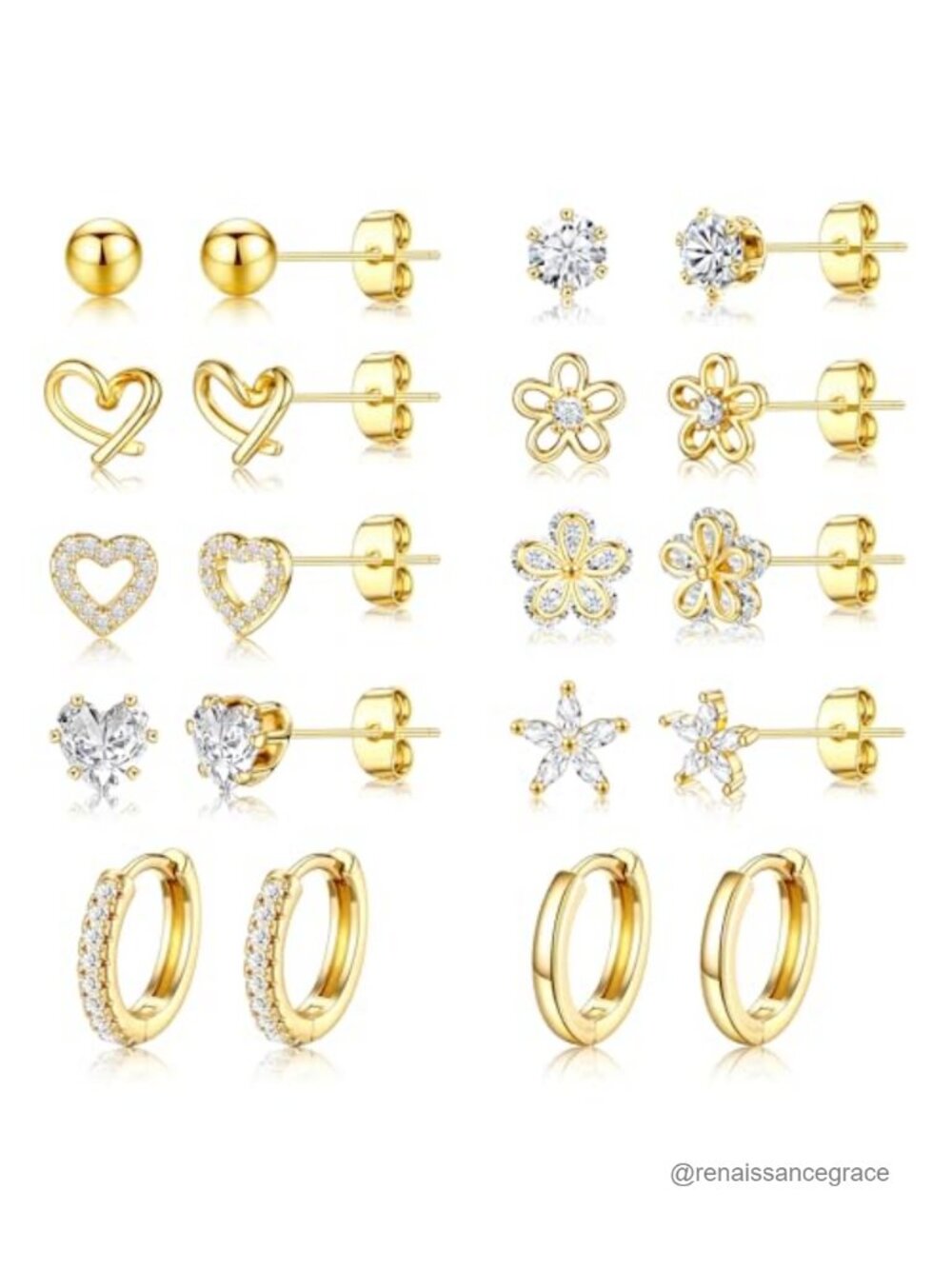8 Pairs Hypoallergenic Gold Plated Stud Earrings Set with CZ Huggie Hoops,